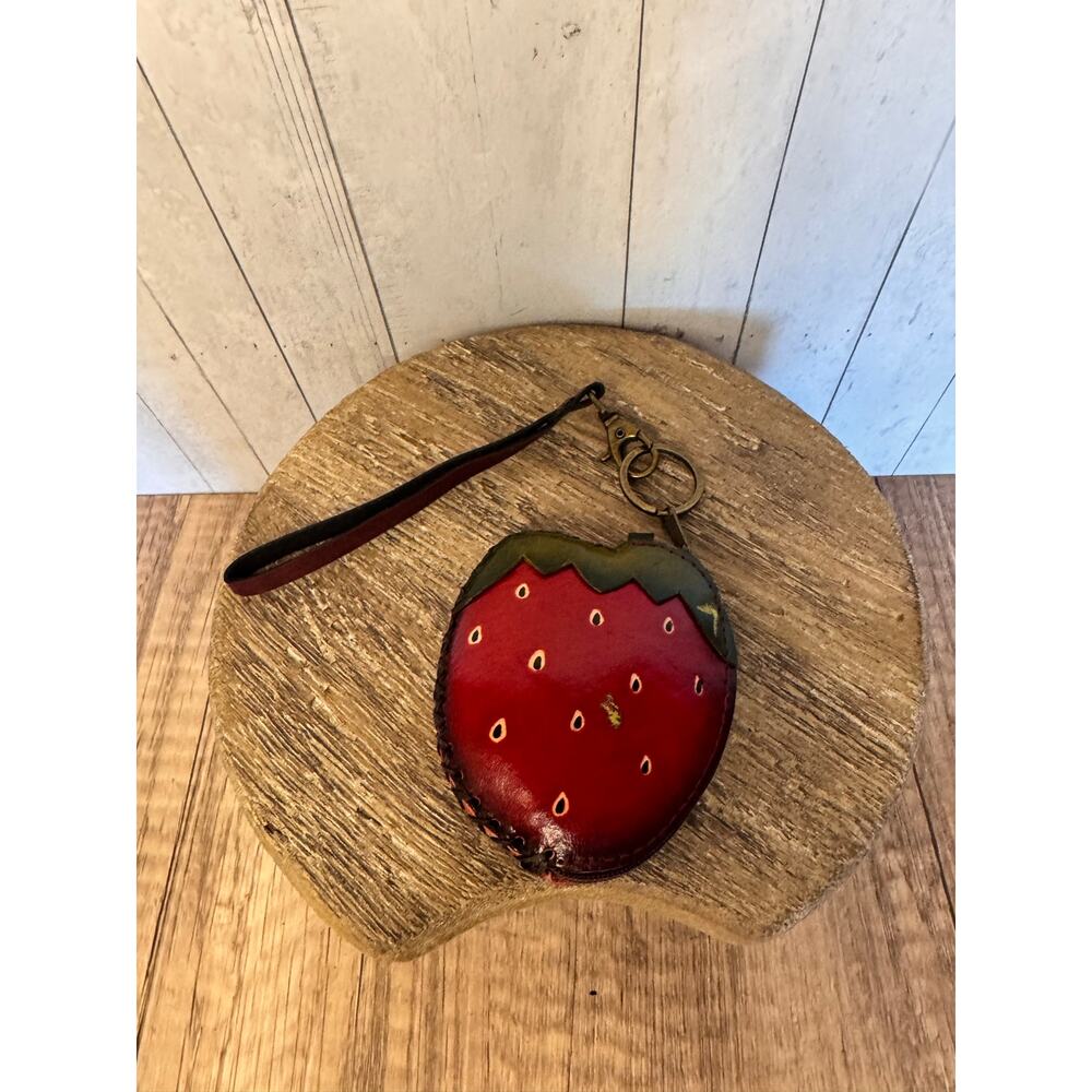 Genuine Leather Strawberry Coin Purse Wristlet Cute Hand Painted Leather NEW!